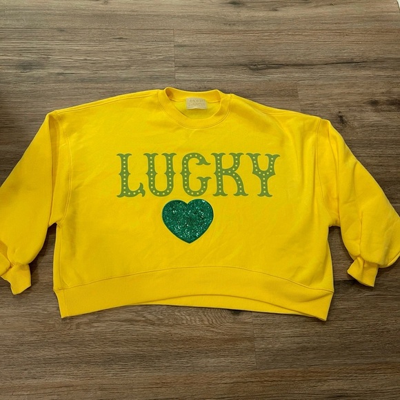 JUDITH MARCH Lucky Sweatshirt St Patricks Day Yellow Green Sequin Southern Small - Picture 1 of 8